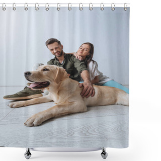 Personality  Low Angle View Of Smiling Couple Sitting On Floor Near Golden Retriever On Grey Background Shower Curtains