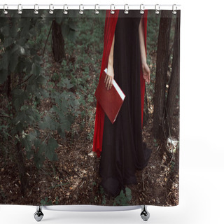 Personality  Cropped View Of Elegant Girl In Red Cloak With Magic Book In Forest Shower Curtains