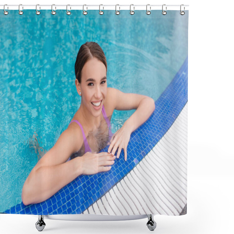 Personality  High Angle View Of Happy Woman Looking At Camera And Bathing In Outdoor Pool Shower Curtains
