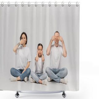 Personality  Family Sitting With Crossed Legs In White T-shirts And Blue Denim Jeans While Demonstrating The Wisdom Of The Three Wise Monkeys; See No Evil, Say No Evil And Hear No Evil On Grey Background  Shower Curtains