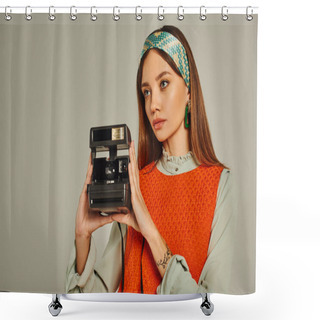 Personality  Enchanting Woman In Colorful Headband And Orange Dress Taking Photo On Vintage Camera On Grey Shower Curtains