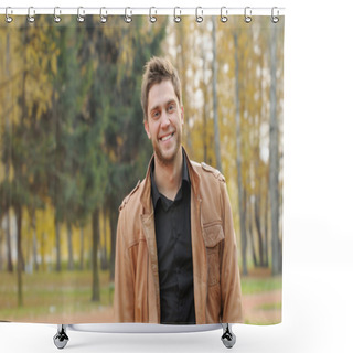 Personality  Portrait Of Attractive Happy Smiling Stylish Young Man In Autumn Shower Curtains