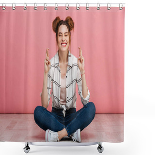 Personality  Portrait Of A Smiling Young Girl Sitting On A Floor Shower Curtains