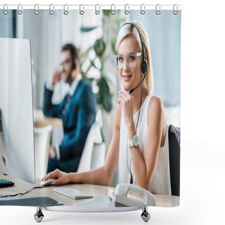 Personality  Selective Focus Of Cheerful Blonde Operator In Headset Looking At Camera  Shower Curtains