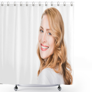 Personality  Portrait Of Attractive Smiling Woman Looking At Camera Isolated On White Shower Curtains