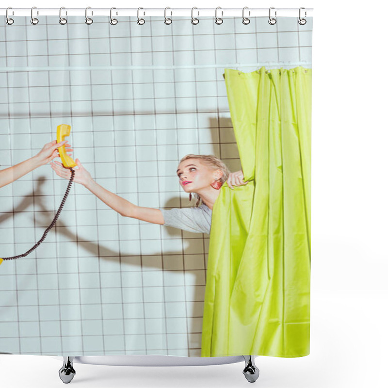 Personality  beautiful woman taking yellow retro telephone handset in shower with green curtain shower curtains