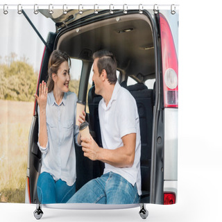 Personality  Happy Adult Couple With Paper Cups Of Coffee Sitting In Car Trunk While Travelling By Car Shower Curtains