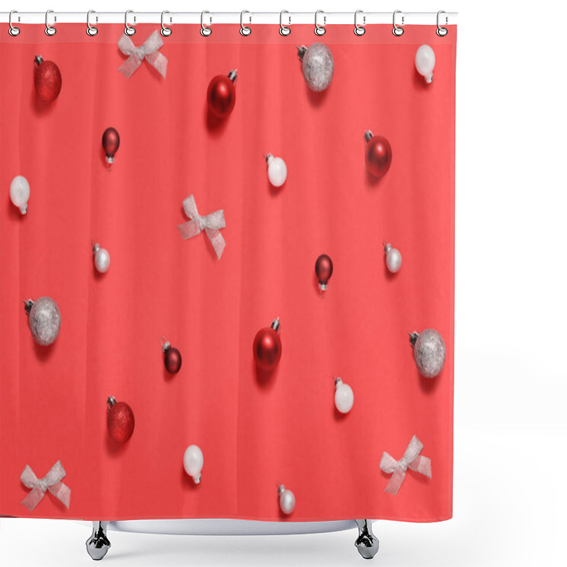 Personality  Christmas Decorations And Baubles On A Red Background Top View Shower Curtains