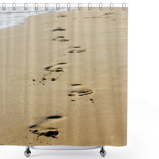 Personality  Footprints On Empty Sand Beach Shower Curtains