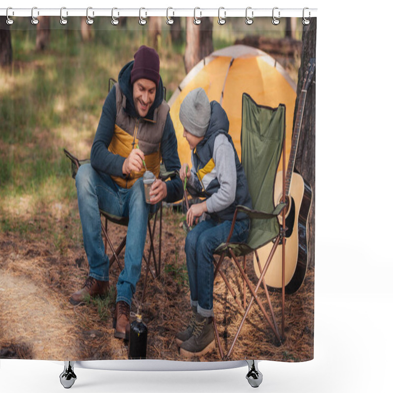 Personality  Father And Son Eating In Forest Shower Curtains