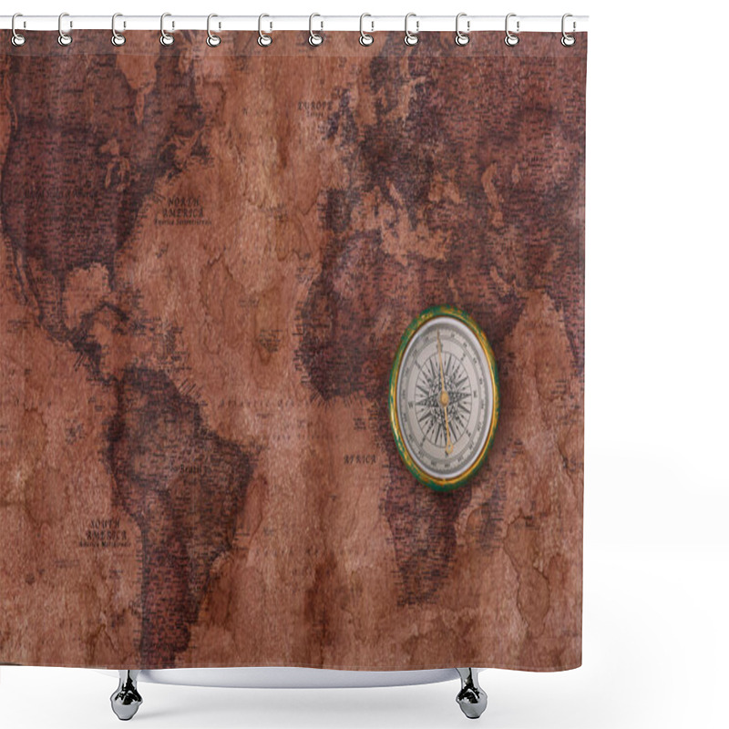 Personality  top view of compass on old world map shower curtains