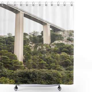 Personality  MODICA, ITALY - OCTOBER 3, 2019: Modica Viaduct Near Green Plants And Trees In Sicily  Shower Curtains