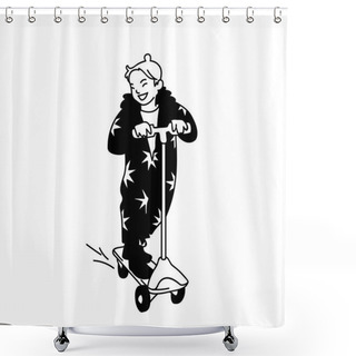 Personality  Little Girl On A Scooter. Front View. Monochrome Vector Illustration Of Happy Cute Girl In Jumpsuit With Stars Riding A Scooter In Simple Line Art Style Isolated On White Background. Concept. Shower Curtains