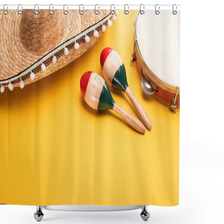 Personality  Wooden Colorful Maracas, Tambourine And Sombrero On Yellow Background Shower Curtains