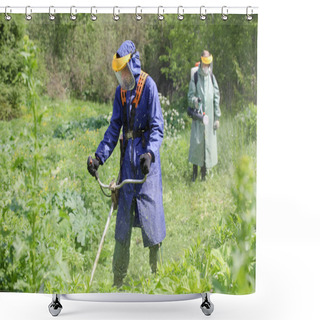 Personality  MINSK, BELARUS - 1 OCTOBER, 2020: Mowing And Herbicide Treatment Of Sosnovsky Hogweed Shower Curtains