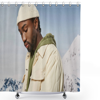 Personality  Handsome African American Man In Jacket And Beanie Looking Down With Snowy Backdrop, Winter Fashion Shower Curtains