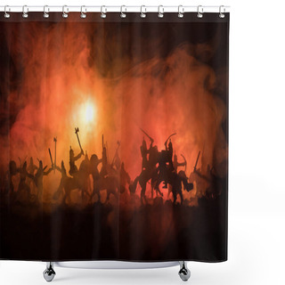 Personality  Medieval Battle Scene With Cavalry And Infantry. Silhouettes Of Figures As Separate Objects, Fight Between Warriors On Dark Toned Foggy Background. Night Scene. Shower Curtains