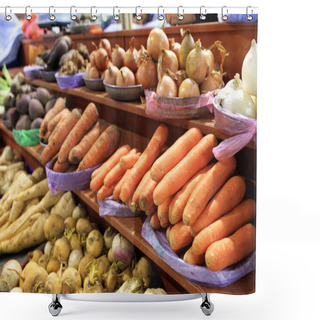 Personality  Many Different Vegetables, Such As Carrots, Onions, Radishes, Beets, Turnips, Parsley Roots, Parsnips, Celery And Others Are Sold In The Vegetable Market. Shower Curtains