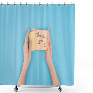 Personality  Cropped Person Holding Colorful Sticky Notes With Thank You Lettering Isolated On Blue Background Shower Curtains