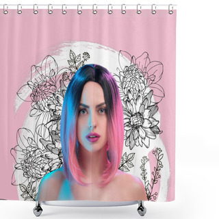 Personality  Portrait Of Attractive Nude Woman In Pink Wig, Isolated On Grey Shower Curtains