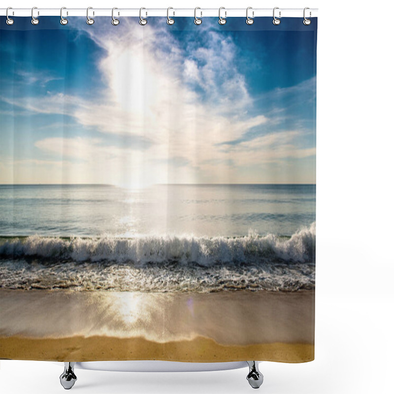 Personality  Beach Sunset. Beach At Sunset With Ocean Waves And Dramatic High Contrast Filter. Taken At Thailand Empty Golden Beach. Shower Curtains