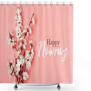 Personality  Sprigs Of The Apricot Tree With Flowers On Pink Background Text Happy Nowruz Holiday Concept Of Spring Came Top View Flat Lay Hello March, April, May, Persian New Year. Shower Curtains