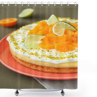 Personality  Citrus Fruit Cake With A Layer Of Biscuit Sponge, Lemon Curd, Chantilly Cream And Decorated With Tangerine And Lime Slices, Powdered With Crushed Pistachios, On An Orange Plate, On Green Grey Background. Shower Curtains