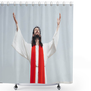 Personality  Jesus In Robe, Red Sash And Crown Of Thorns Standing With Raised Hands And Praying In Desert Shower Curtains