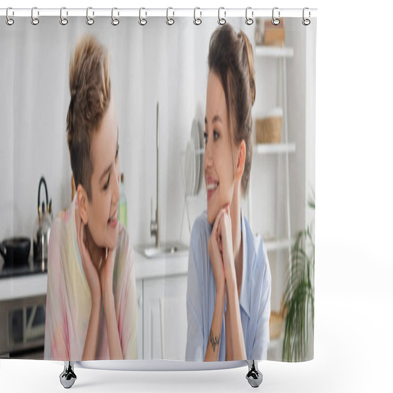 Personality  Happy Pangender Couple Looking At Each Other In Kitchen, Banner Shower Curtains