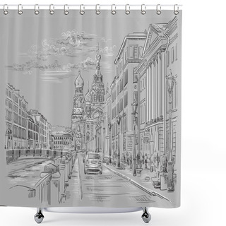Personality  Grey Vector Hand Drawing ST Petersburg 4 Shower Curtains