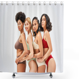 Personality  Smiling Blonde Woman Looking At Camera While Posing Near Multiethnic Friends In Colorful Lingerie Isolated On Grey, Different Body Types And Self-acceptance Concept, Multicultural Models Shower Curtains