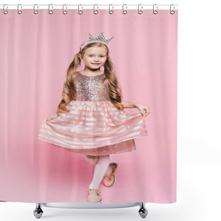 Personality  Full Length Of Cheerful Little Girl In Dress And Crown Posing On Pink  Shower Curtains