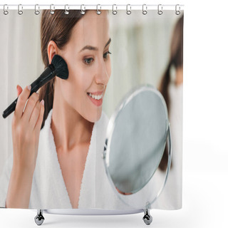 Personality  Beautiful Smiling Brunette Girl In Bathrobe Applying Powder Bronzer With Brush Shower Curtains