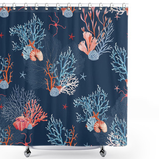 Personality  Beautiful Seamless Underwater Pattern With Watercolor Sea Life Coral Shell And Starfish. Stock Illustration. Shower Curtains
