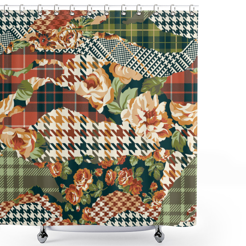 Personality  Houndstooth Tartan And Roses Fabric Patchwork Vector Seamless Pattern Shower Curtains