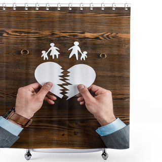 Personality  Cropped Shot Of Man Holding Teared Heart With Family And Engagement Rings On Wooden Table, Divorce Concept Shower Curtains