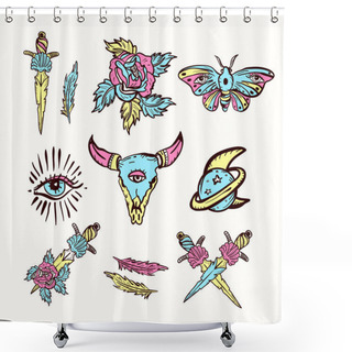Personality  Skull Bull, Rose, Knife, Butterfly, Moon. Esoteric Shower Curtains