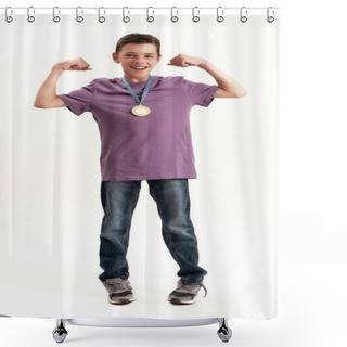 Personality  Full Length Shot Of Happy Teenaged Disabled Boy With Cerebral Palsy Wearing Gold Medal, Smiling At Camera, Raising Clenched Fists, Feeling Strong, Standing Isolated Over White Background Shower Curtains