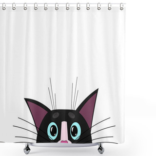 Personality  Cute Cat Muzzle, Face, Looks And Peeks Out Frightened Around The Corner, Edge. Cat With Big Blue Eyes, Long Mustache And Sharp Ears. Blank Template For Design, Decoration. White Isolated Background. Shower Curtains