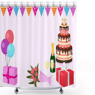Personality  Happy Birthday Vector Greeting Card Background With Colorful Balloons, Gift Box With Ribbons, Flowers, Large Cake With Candels, Flags And Bottle Of Champagne. Shower Curtains