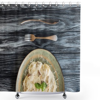 Personality  Top View Of Delicious Italian Ravioli With Cheese On Plate And Fork With Knife On Wooden Table  Shower Curtains