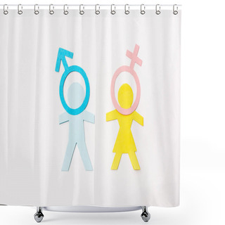Personality  Top View Of Blue And Yellow Paper Cut People Near Gender Signs Isolated On White, Sexual Equality Concept  Shower Curtains