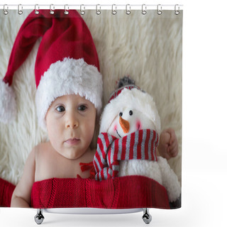 Personality  Christmas Portrait Of Cute Little Newborn Baby Boy, Wearing Sant Shower Curtains