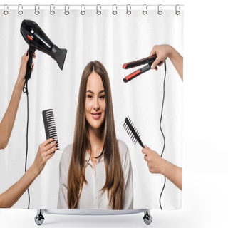 Personality  Women Holding Accessories Of Hairdresser Around Beautiful Girl Looking At Camera Shower Curtains