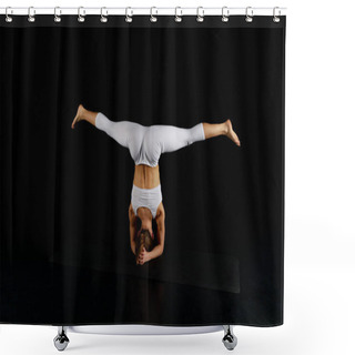 Personality  Back View Of Girl In White Sportswear Doing Wide Legged Headstand Isolated On Black  Shower Curtains