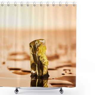 Personality  Transparent Ice Cube With Frozen Flower On Wet Surface On Yellow Illuminated Background Shower Curtains