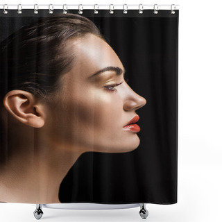 Personality  Profile Portrait Of Attractive Stylish Girl With Makeup, Isolated On Black Shower Curtains