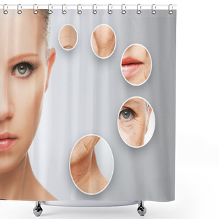 Personality  Beauty Concept Skin Aging. Anti-aging Procedures, Rejuvenation, Lifting, Tightening Of Facial Skin Shower Curtains