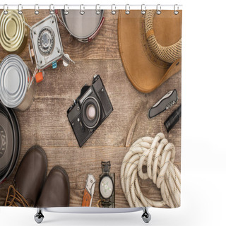 Personality  Top View Of Photo Camera, Hat, Boots And Hiking Equipment On Wooden Table Shower Curtains