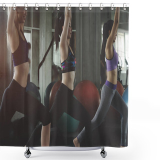 Personality  Group Of Young Sporty Attractive People Practicing Yoga Lesson,Women Practicing The Asana Virabhadrasana During Their Yoga Class In A Gym. Shower Curtains